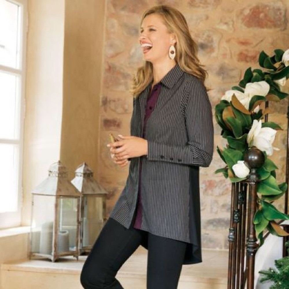 Soft Surroundings Courtland Black Pinstriped Shirt Large